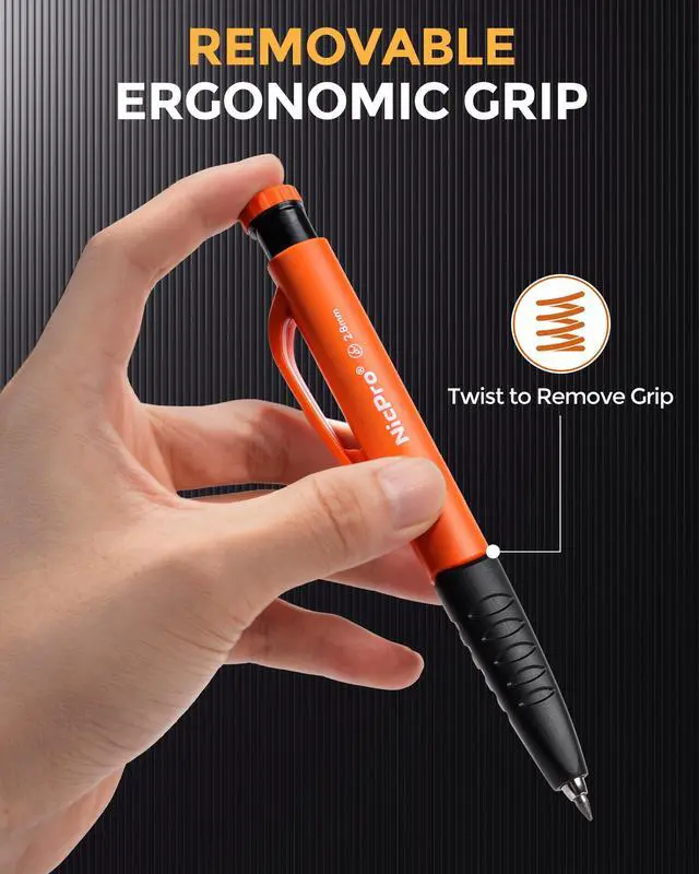 Alt view image 3 of 7 - Carpenter Pencils with Sharpener & Finger Grip, Mechanical Pencil Set with 13 Refills, 3-IN-1 Deep Hole Construction Pencil, Heavy Duty Woodworking Tools for Architect (Orange) - With Case