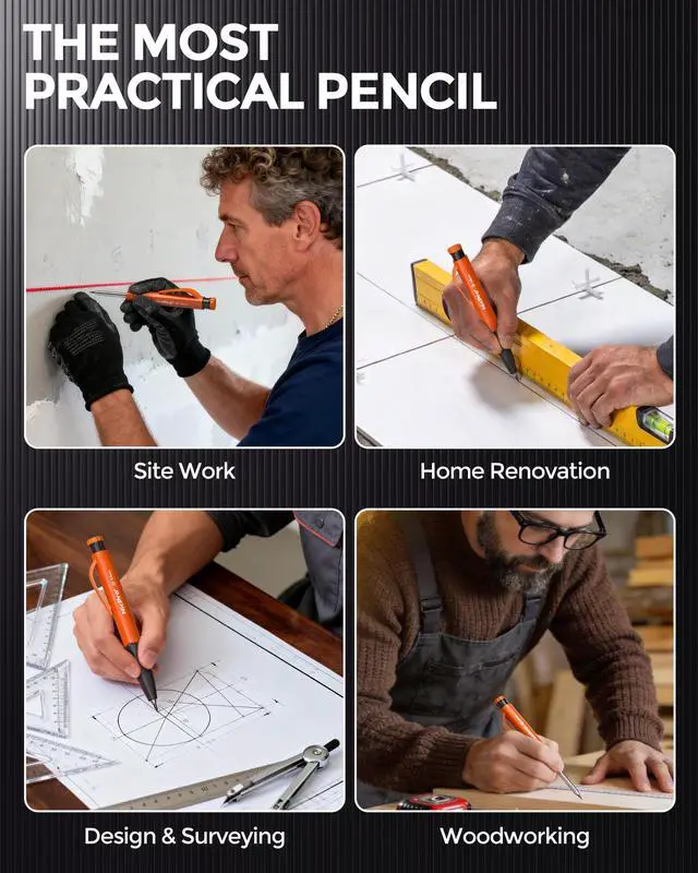 Alt view image 6 of 7 - Carpenter Pencils with Sharpener & Finger Grip, Mechanical Pencil Set with 13 Refills, 3-IN-1 Deep Hole Construction Pencil, Heavy Duty Woodworking Tools for Architect (Orange) - With Case