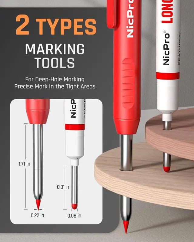 Alt view image 2 of 6 - 2 Pack CP1000 Carpenter Pencil with Sharpener, Mechanical Carpenter Pencils with 26 Refills, Deep Hole Long Nib Marker Pens for Construction, Heavy Duty Woodworking Pencil for Architect Marking