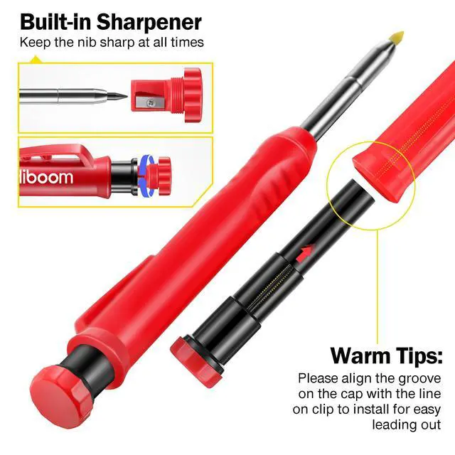 Alt view image 3 of 7 - 3 Pack Solid Carpenter Pencils with Pencil Cap and 21 Pcs Refills, Deep Hole Mechanical Pencil Marker with Built in Sharpener for Carpenter Woodworking Architect