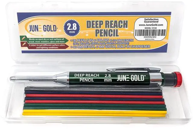 Alt view image 2 of 5 - 2.8 mm Deep Reach Metal Carpenter Pencil, 36 Colored Refills, 6 Colors, 40 mm reach, 6 mm width, Built-in Sharpener, Construction, Shop, Glass, Machine, Indoor, and Outdoor