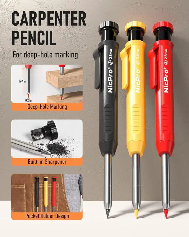 Alt view image 4 of 7 - 10 Pack Carpenter Pencils Mechanical, Construction Pencils with 21 Refill, Automatic Center Punch and Carbide Scribe Tool, Mechanical Pencil for Woodworking, Best Carpenters Marking Tool