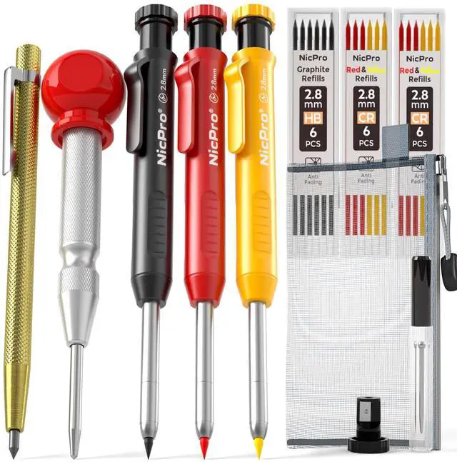 Main image of 10 Pack Carpenter Pencils Mechanical, Construction Pencils with 21 Refill, Automatic Center Punch and Carbide Scribe Tool, Mechanical Pencil for Woodworking, Best Carpenters Marking Tool