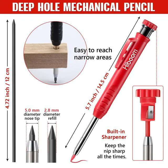 Alt view image 2 of 7 - 3 Pack Solid Carpenter Pencils with Pencil Cap and 21 Pcs Refills, Deep Hole Mechanical Pencil Marker with Built in Sharpener for Carpenter Woodworking Architect