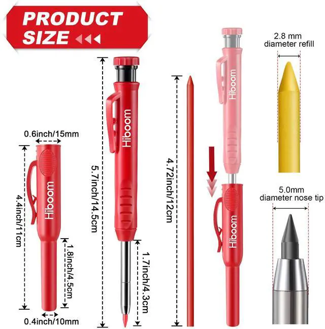 Alt view image 2 of 7 - 3 Pack Carpenter Pencils Set with 24 Refills, 2.8 mm Carpenters Mechanical Pencil Built in Sharpener Woodworking Marking Tool Solid Long Nosed Deep Hole Construction Pencil