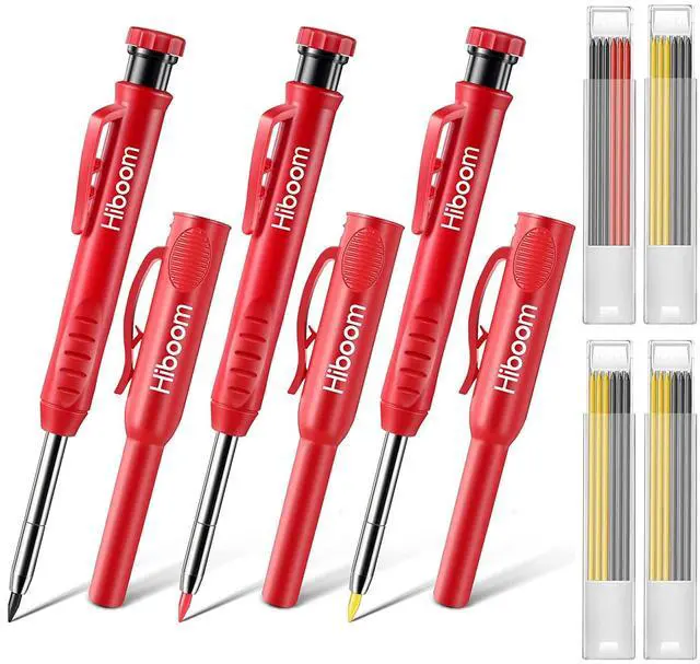Main image of 3 Pack Carpenter Pencils Set with 24 Refills, 2.8 mm Carpenters Mechanical Pencil Built in Sharpener Woodworking Marking Tool Solid Long Nosed Deep Hole Construction Pencil