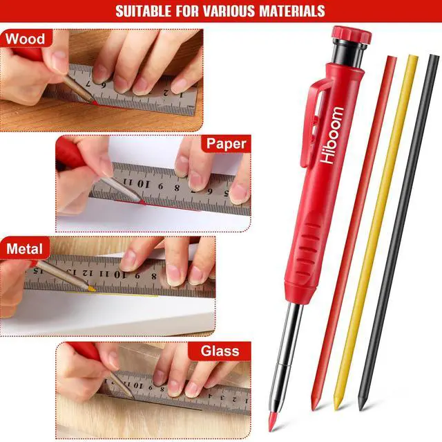 Alt view image 6 of 7 - 3 Pack Carpenter Pencils Set with 24 Refills, 2.8 mm Carpenters Mechanical Pencil Built in Sharpener Woodworking Marking Tool Solid Long Nosed Deep Hole Construction Pencil