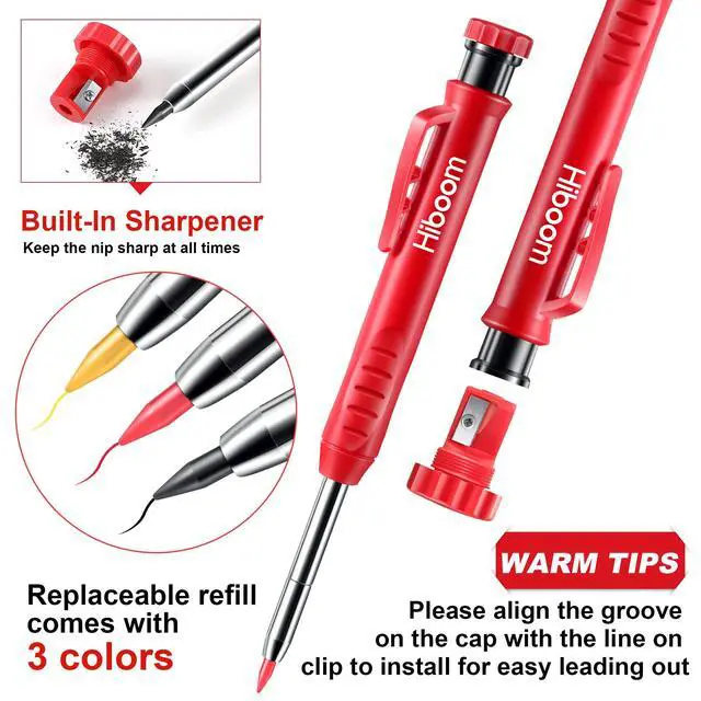 Alt view image 3 of 7 - 3 Pack Carpenter Pencils Set with 24 Refills, 2.8 mm Carpenters Mechanical Pencil Built in Sharpener Woodworking Marking Tool Solid Long Nosed Deep Hole Construction Pencil