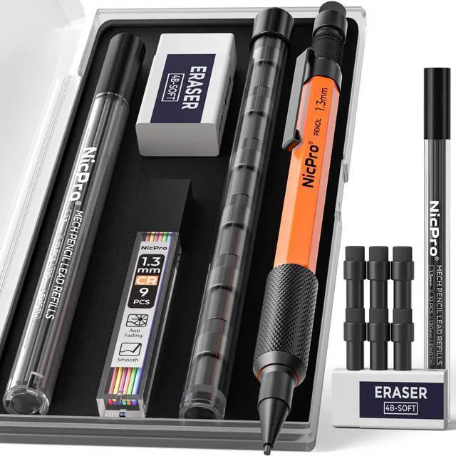 Main image of 1.3 mm Mechanical Pencils Set with Lead Refill Black & Colors, Eraser - Orange Weatherproof Metal Heavy Duty Carpenter Pencil for Outdoor Marking Drafting Drawing Sketching Woodworking in Case