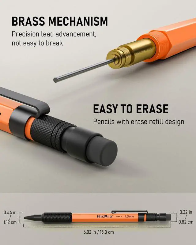 Alt view image 3 of 5 - 1.3 mm Mechanical Pencils Set with Lead Refill Black & Colors, Eraser - Orange Weatherproof Metal Heavy Duty Carpenter Pencil for Outdoor Marking Drafting Drawing Sketching Woodworking in Case