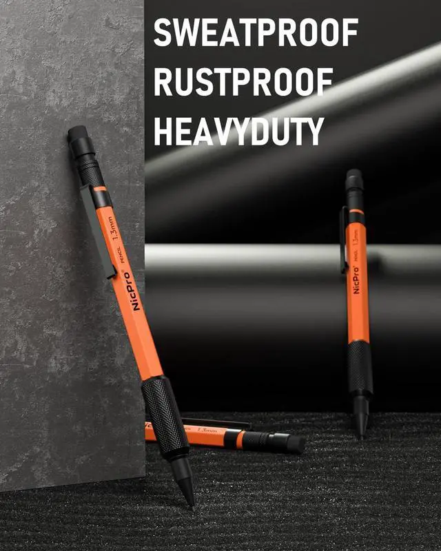 Alt view image 5 of 5 - 1.3 mm Mechanical Pencils Set with Lead Refill Black & Colors, Eraser - Orange Weatherproof Metal Heavy Duty Carpenter Pencil for Outdoor Marking Drafting Drawing Sketching Woodworking in Case