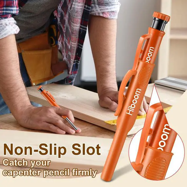 Alt view image 2 of 7 - 2 Pack Solid Carpenter Pencils with Pencil Cap and 18 Refills, Long Nose Deep Hole Mechanical Pencil Marker, Scribe Tool with Built-in Sharpener for Construction Woodworking Architect (Orange)