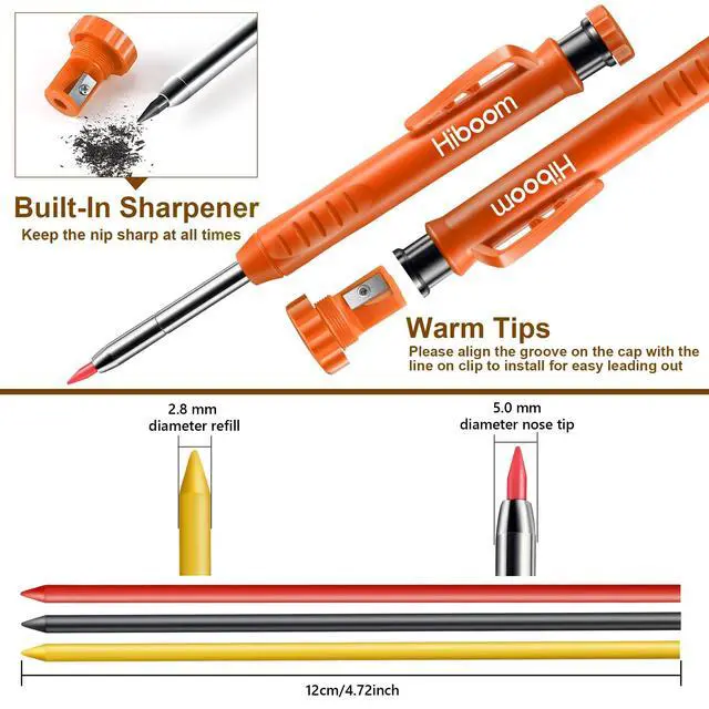 Alt view image 5 of 7 - 2 Pack Solid Carpenter Pencils with Pencil Cap and 18 Refills, Long Nose Deep Hole Mechanical Pencil Marker, Scribe Tool with Built-in Sharpener for Construction Woodworking Architect (Orange)