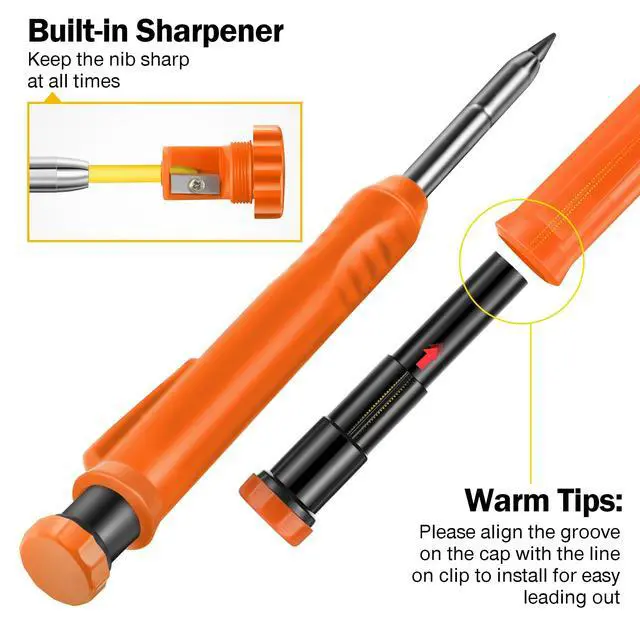 Alt view image 6 of 7 - 2 Pack Solid Carpenter Pencils with Pencil Cap and 18 Refills, Long Nose Deep Hole Mechanical Pencil Marker, Scribe Tool with Built-in Sharpener for Construction Woodworking Architect (Orange)