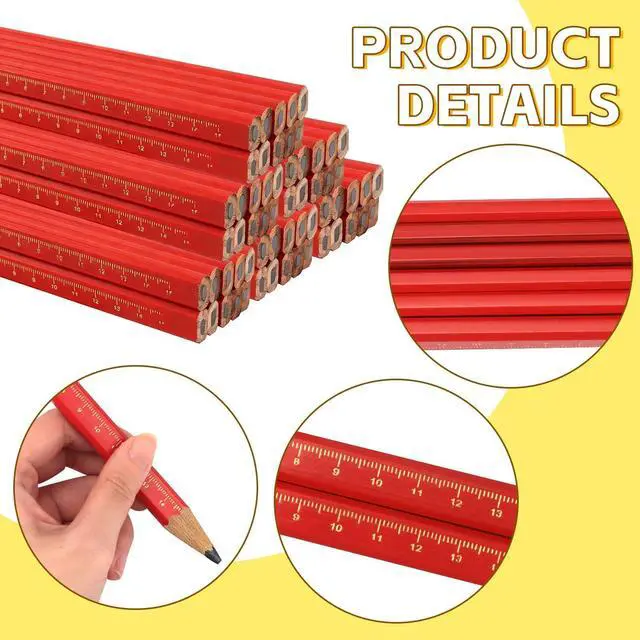 Alt view image 3 of 7 - 30 Pcs Carpenter Pencils - Octagonal Hard Black Woodworking Pencils, Heavy Duty Construction with 15cm Scale for Wood, Brick, Concrete Marking