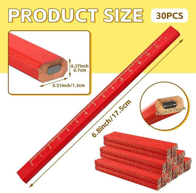 Alt view image 2 of 7 - 30 Pcs Carpenter Pencils - Octagonal Hard Black Woodworking Pencils, Heavy Duty Construction with 15cm Scale for Wood, Brick, Concrete Marking