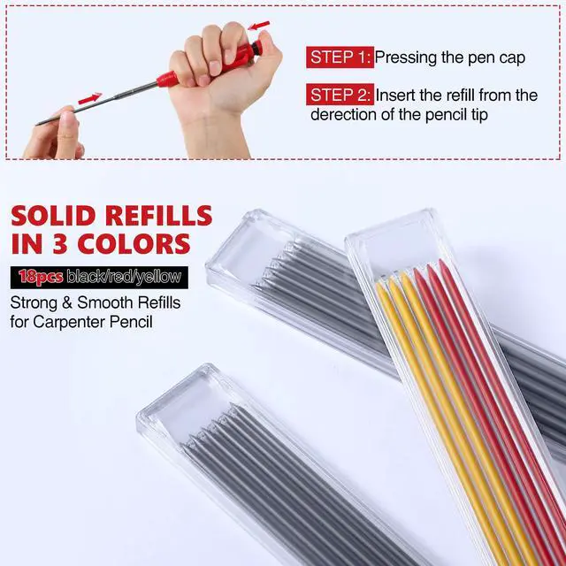 Alt view image 5 of 7 - 2 Pcs Carpenter Mechanical Pencils Marker with 18 Pcs Refills Construction Woodworking Marking Pens with Built in Sharpener and Protective Cap Long Solid Tip for Architects Woodworkers