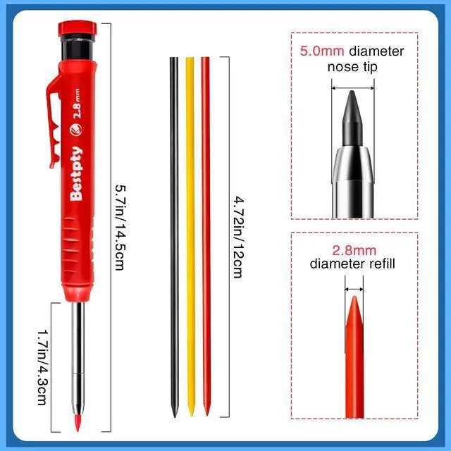 Alt view image 3 of 7 - 3PCS Carpenter Pencil with Sharpener,Mechanical Carpenter Pencil Set with 39 Refills An eraser, Construction Pencils, Deep Hole Marker for Construction with Case(Black,Red,Yellow)