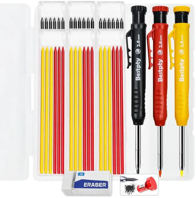 Main image of 3PCS Carpenter Pencil with Sharpener,Mechanical Carpenter Pencil Set with 39 Refills An eraser, Construction Pencils, Deep Hole Marker for Construction with Case(Black,Red,Yellow)