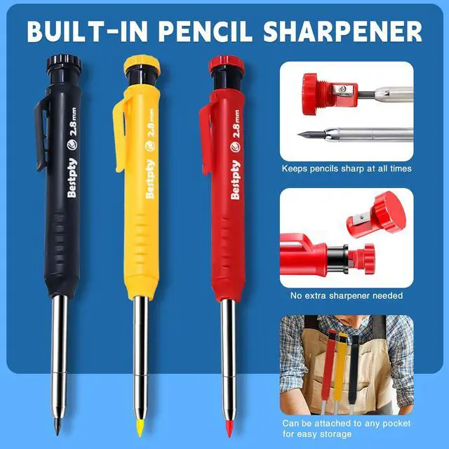 Alt view image 5 of 7 - 3PCS Carpenter Pencil with Sharpener,Mechanical Carpenter Pencil Set with 39 Refills An eraser, Construction Pencils, Deep Hole Marker for Construction with Case(Black,Red,Yellow)