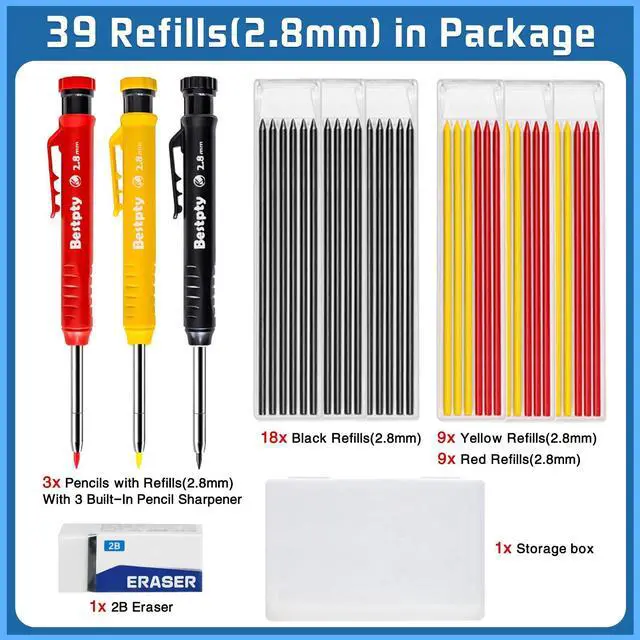 Alt view image 2 of 7 - 3PCS Carpenter Pencil with Sharpener,Mechanical Carpenter Pencil Set with 39 Refills An eraser, Construction Pencils, Deep Hole Marker for Construction with Case(Black,Red,Yellow)