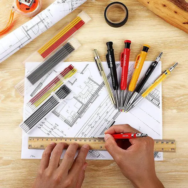 Alt view image 3 of 7 - Mechanical Carpenter Pencils Set, Solid Deep Hole Woodworking Pencils Marker Marking Tools, Built in Extended Needle-Nose Tipfor Construction Workers, Metal Work, Welders, Plumbers, Framers (6 PCS)