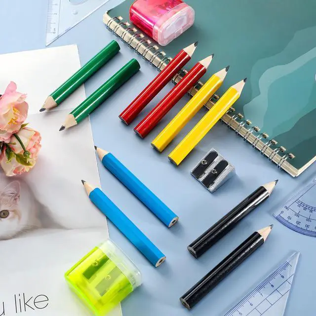 Alt view image 4 of 7 - 30 Pcs Short Triangular Fat Pencils Bulk First Day of School 3.5 Inch Wooden Jumbo Pencils with Sharpener and 2 Erasers for Preschoolers, Kindergarten, Toddlers, Beginners(Vivid Colors)