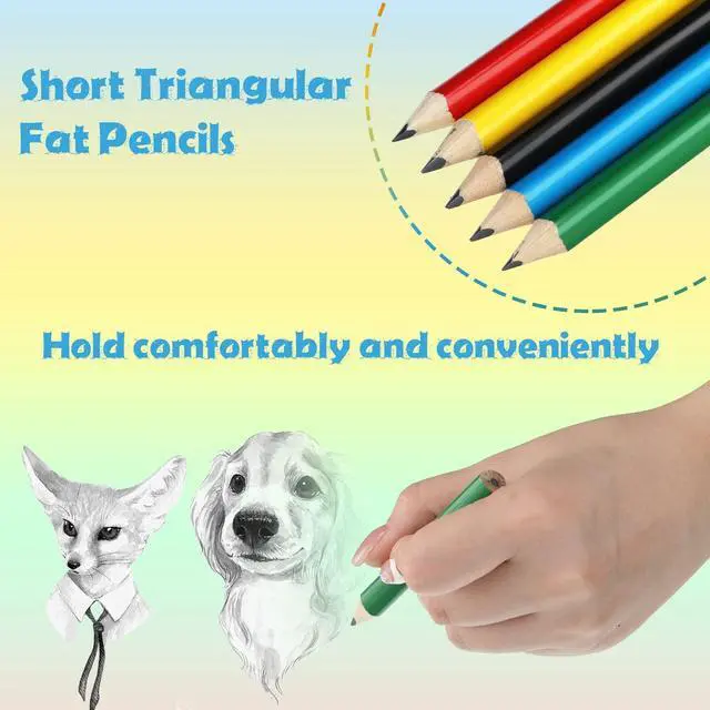 Alt view image 7 of 7 - 30 Pcs Short Triangular Fat Pencils Bulk First Day of School 3.5 Inch Wooden Jumbo Pencils with Sharpener and 2 Erasers for Preschoolers, Kindergarten, Toddlers, Beginners(Vivid Colors)