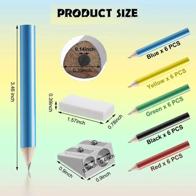 Alt view image 6 of 7 - 30 Pcs Short Triangular Fat Pencils Bulk First Day of School 3.5 Inch Wooden Jumbo Pencils with Sharpener and 2 Erasers for Preschoolers, Kindergarten, Toddlers, Beginners(Vivid Colors)