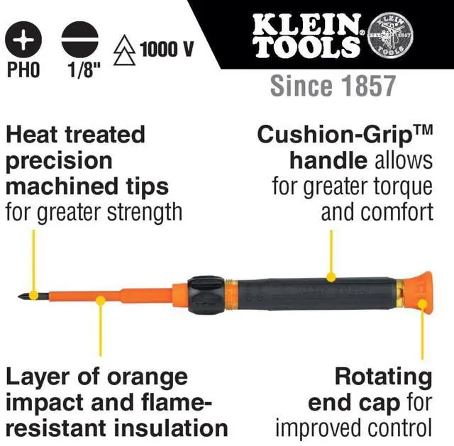 Alt view image 2 of 7 - 32581INS Precision Screwdriver, 2-in-1 Insulated Screwdriver with No. 0 Phillips and 1/8-Inch Slotted Bits