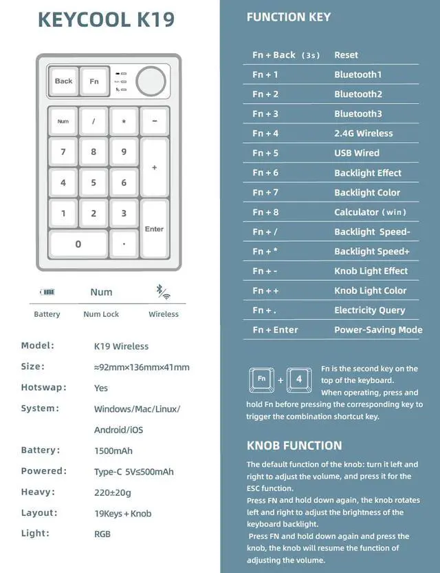 Alt view image 2 of 7 - Wireless Mechanical Numpad Barebones Kit, Gasket Programmable Macro Numeric Keyboard DIY, 19-Key Custom Number Pad with Metal Volume Knob, Hot Swappable, RGB Backlit, NKRO for Win/Mac, White