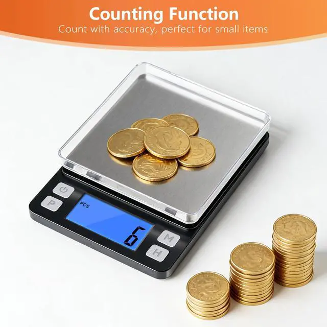 Alt view image 4 of 7 - 0.01g High Precision Jewelry Scale, 1000g Digital Gram Scale with Hold, Tare & Counting Function, Small & Portable Design for Gold, Bullion, Coins, Gemstones & Crafts, Black