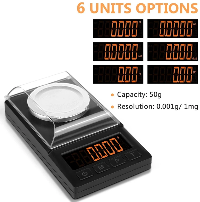 Alt view image 2 of 7 - Digital Milligram Scale 50g/0.001g, Mg Scale 9-in-1 Kit | Includes Portable Carry Bag, 50g Calibration Weight, USB-C & Battery, Powder Scale for Capsule Filling, Supplement, Reloading