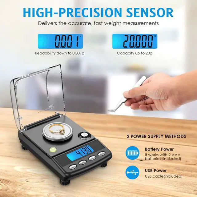 Alt view image 2 of 7 - 20g/0.001g Digital Milligram Scale, Precision Electronic Scale with 6 Units, USB & Battery Powered, Tare, Calibration Weights, Tweezers, Pocket Microgram Scale for Powder Medicine, Jewelry