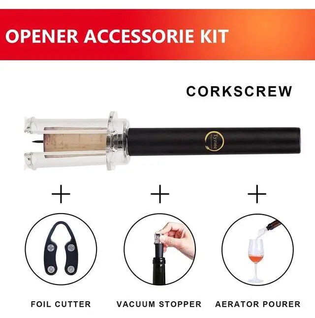 Alt view image 4 of 6 - Air Pressure Pump Bottle Opener With Foil Cutter,Aerator Pourer,Vacuum Stopper(4PCS),Simple Cork Remover,Efficient Corkscrew Bottle Opener,Great For Wine Lovers,Perfect Wine Gift.
