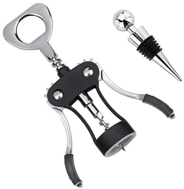 Main image of Wine Opener, Multifunctional Wing Corkscrew Wine Bottle Opener for all Cork Stoppered and Beer Cap Bottles, Luxury Waiter Corkscrew with Stopper Set for Wine Enthusiast, Waiters - Black
