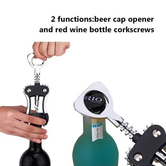 Alt view image 4 of 7 - Wine Opener, Multifunctional Wing Corkscrew Wine Bottle Opener for all Cork Stoppered and Beer Cap Bottles, Luxury Waiter Corkscrew with Stopper Set for Wine Enthusiast, Waiters - Black