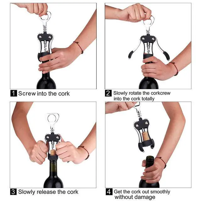 Alt view image 5 of 7 - Wine Opener, Multifunctional Wing Corkscrew Wine Bottle Opener for all Cork Stoppered and Beer Cap Bottles, Luxury Waiter Corkscrew with Stopper Set for Wine Enthusiast, Waiters - Black