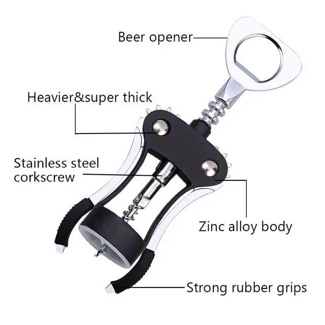 Alt view image 3 of 7 - Wine Opener, Multifunctional Wing Corkscrew Wine Bottle Opener for all Cork Stoppered and Beer Cap Bottles, Luxury Waiter Corkscrew with Stopper Set for Wine Enthusiast, Waiters - Black