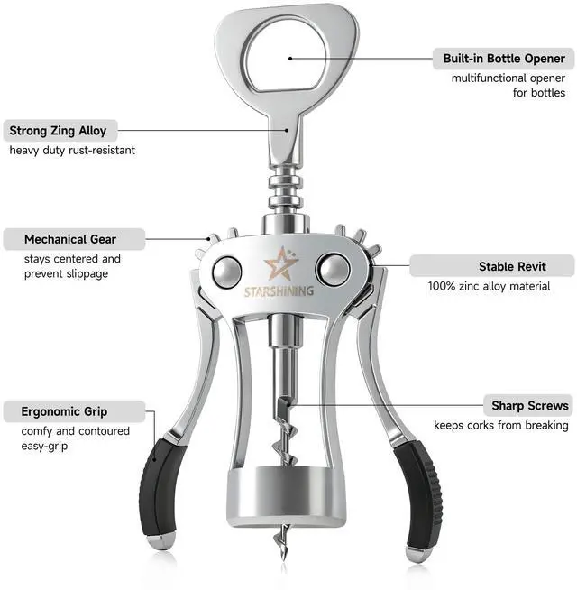 Alt view image 3 of 6 - Heavy Duty Wing Corkscrew Wine Opener - Premium Zinc Alloy Manual Bottle Opener with Ergo Handles & Sharp Spiral Screw, Reliable Sommelier Cork Remover for Vintage & New Bottles, Silver