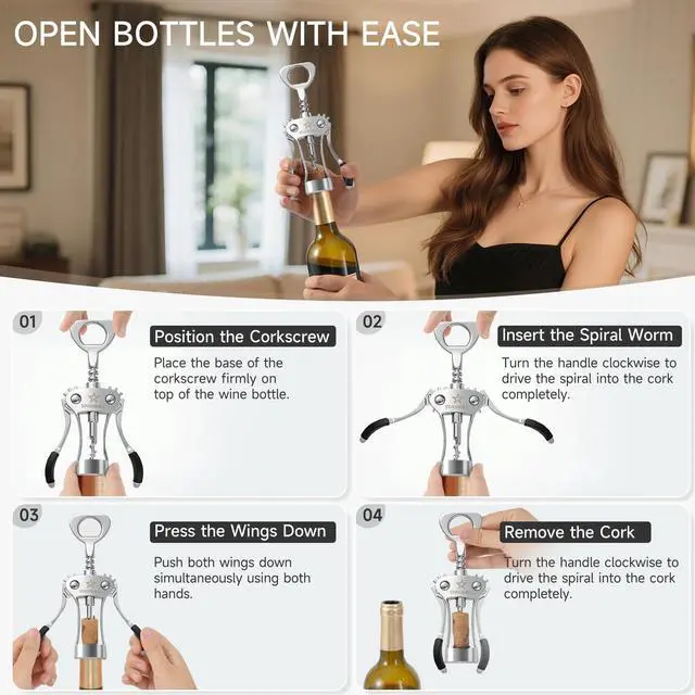 Alt view image 4 of 6 - Heavy Duty Wing Corkscrew Wine Opener - Premium Zinc Alloy Manual Bottle Opener with Ergo Handles & Sharp Spiral Screw, Reliable Sommelier Cork Remover for Vintage & New Bottles, Silver