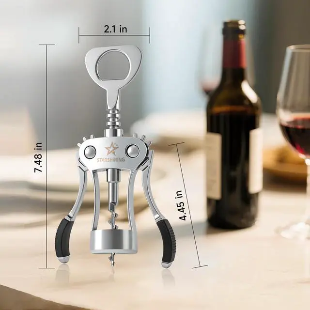 Alt view image 2 of 6 - Heavy Duty Wing Corkscrew Wine Opener - Premium Zinc Alloy Manual Bottle Opener with Ergo Handles & Sharp Spiral Screw, Reliable Sommelier Cork Remover for Vintage & New Bottles, Silver