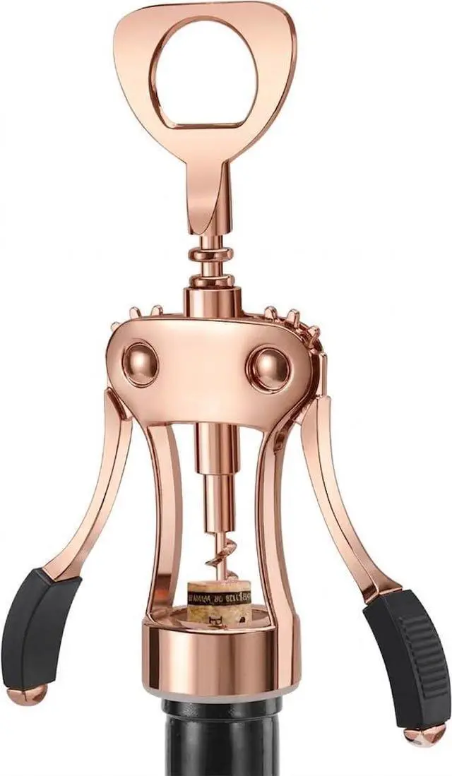 Main image of Wine Opener, Heavy-Duty Zinc Alloy Wing Corkscrew, Premium Beer Bottle Opener, Multifunctional Wine Accessories with Ergonomic Handle and Sharp Screw, for Kitchen, Bar, Restaurant (Rose Gold)