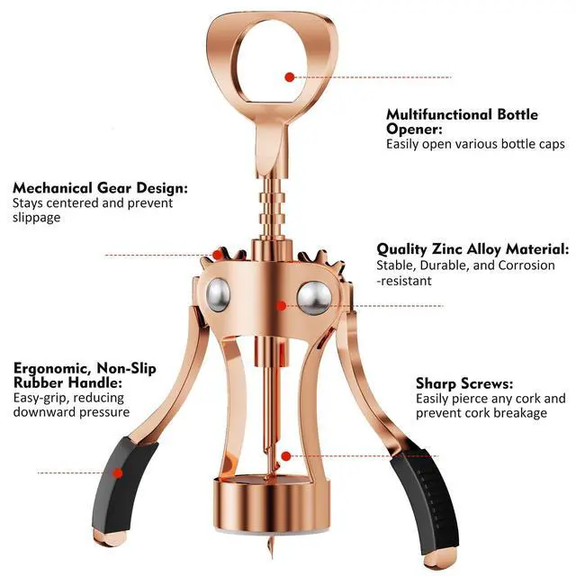 Alt view image 3 of 7 - Wine Opener, Heavy-Duty Zinc Alloy Wing Corkscrew, Premium Beer Bottle Opener, Multifunctional Wine Accessories with Ergonomic Handle and Sharp Screw, for Kitchen, Bar, Restaurant (Rose Gold)