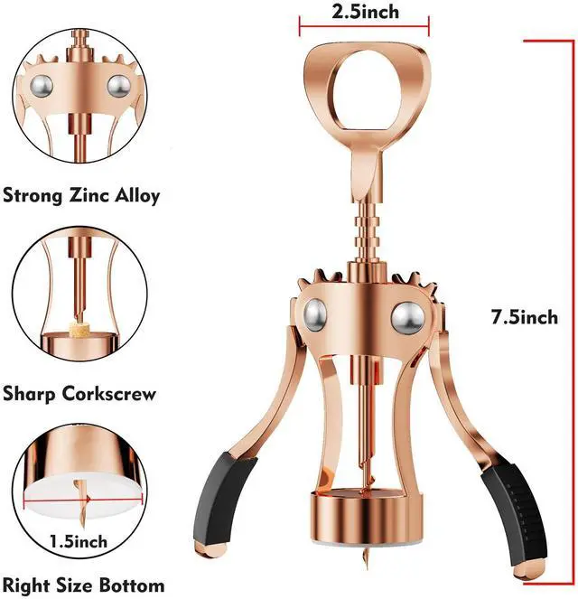 Alt view image 2 of 7 - Wine Opener, Heavy-Duty Zinc Alloy Wing Corkscrew, Premium Beer Bottle Opener, Multifunctional Wine Accessories with Ergonomic Handle and Sharp Screw, for Kitchen, Bar, Restaurant (Rose Gold)