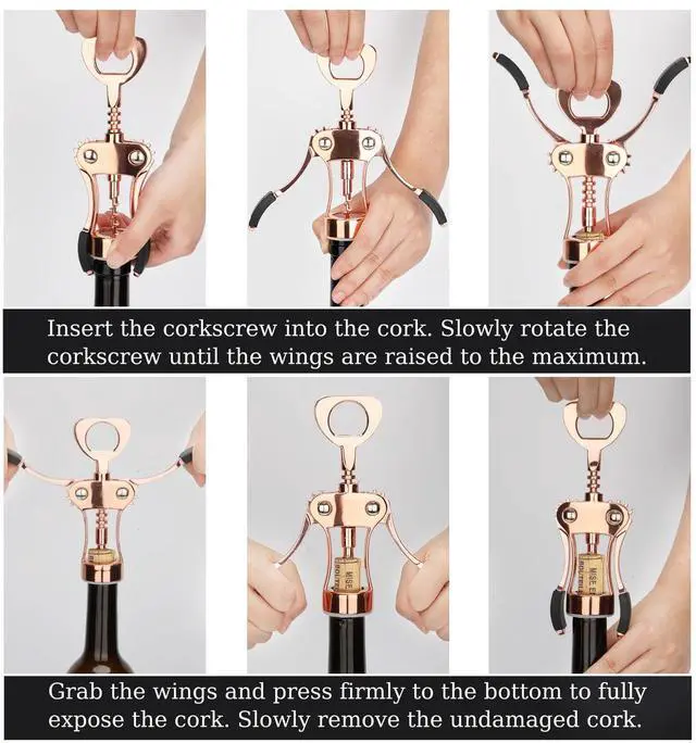 Alt view image 7 of 7 - Wine Opener, Heavy-Duty Zinc Alloy Wing Corkscrew, Premium Beer Bottle Opener, Multifunctional Wine Accessories with Ergonomic Handle and Sharp Screw, for Kitchen, Bar, Restaurant (Rose Gold)