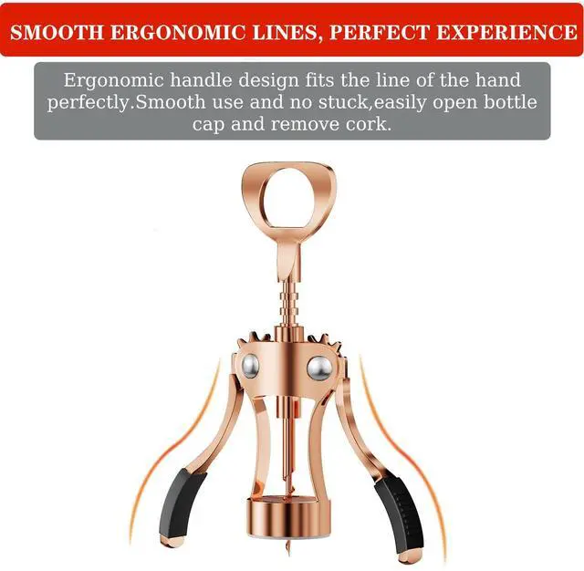 Alt view image 6 of 7 - Wine Opener, Heavy-Duty Zinc Alloy Wing Corkscrew, Premium Beer Bottle Opener, Multifunctional Wine Accessories with Ergonomic Handle and Sharp Screw, for Kitchen, Bar, Restaurant (Rose Gold)
