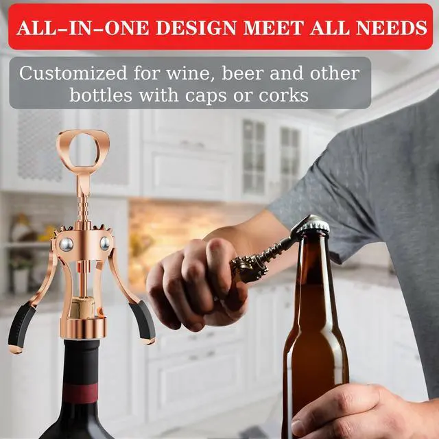 Alt view image 4 of 7 - Wine Opener, Heavy-Duty Zinc Alloy Wing Corkscrew, Premium Beer Bottle Opener, Multifunctional Wine Accessories with Ergonomic Handle and Sharp Screw, for Kitchen, Bar, Restaurant (Rose Gold)