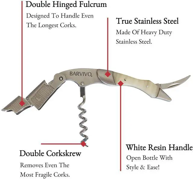 Alt view image 5 of 6 - Wine Opener with Foil Cutter and Cap Remover - Double Hinged Corkscrew for Bartenders - Stainless Steel Wine Key for Easy Bottle Opening - Manual Wine Bottle Opener - White Resin, 4.7x1.2-Inch