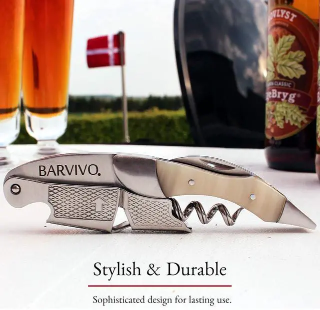 Alt view image 3 of 6 - Wine Opener with Foil Cutter and Cap Remover - Double Hinged Corkscrew for Bartenders - Stainless Steel Wine Key for Easy Bottle Opening - Manual Wine Bottle Opener - White Resin, 4.7x1.2-Inch